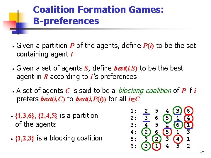 Coalition Formation Games: B-preferences • • • Given a partition P of the agents,