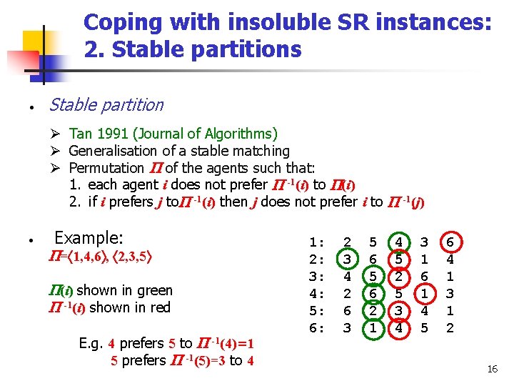 Coping with insoluble SR instances: 2. Stable partitions • Stable partition Ø Tan 1991