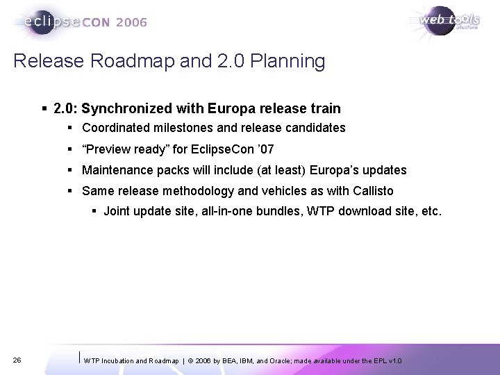 Release Roadmap and 2. 0 Planning § 2. 0: Synchronized with Europa release train