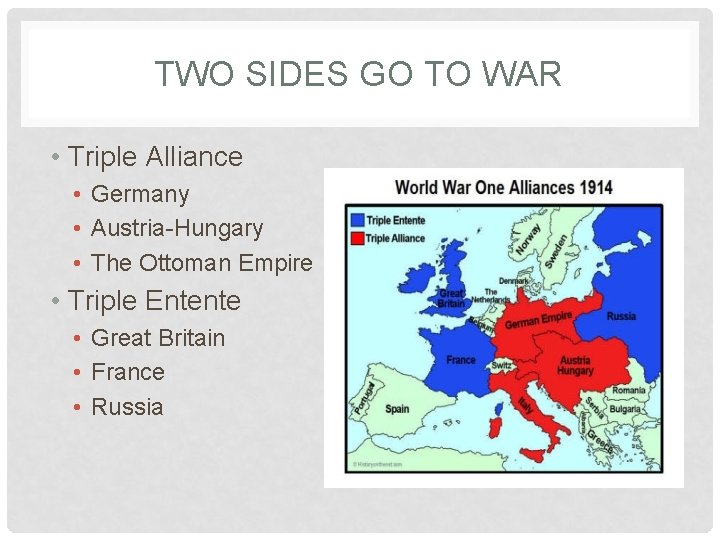 TWO SIDES GO TO WAR • Triple Alliance • Germany • Austria-Hungary • The
