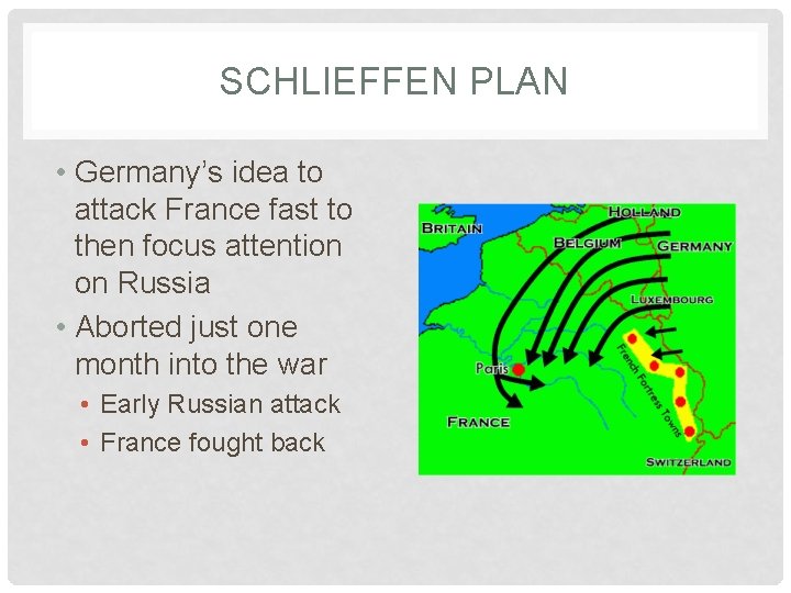 SCHLIEFFEN PLAN • Germany’s idea to attack France fast to then focus attention on