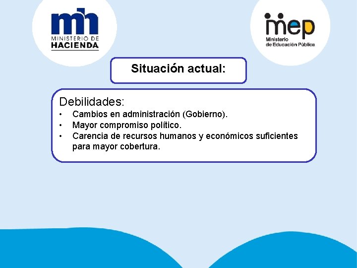 Situación actual: Debilidades: • • • Cambios en administración (Gobierno). Mayor compromiso político. Carencia
