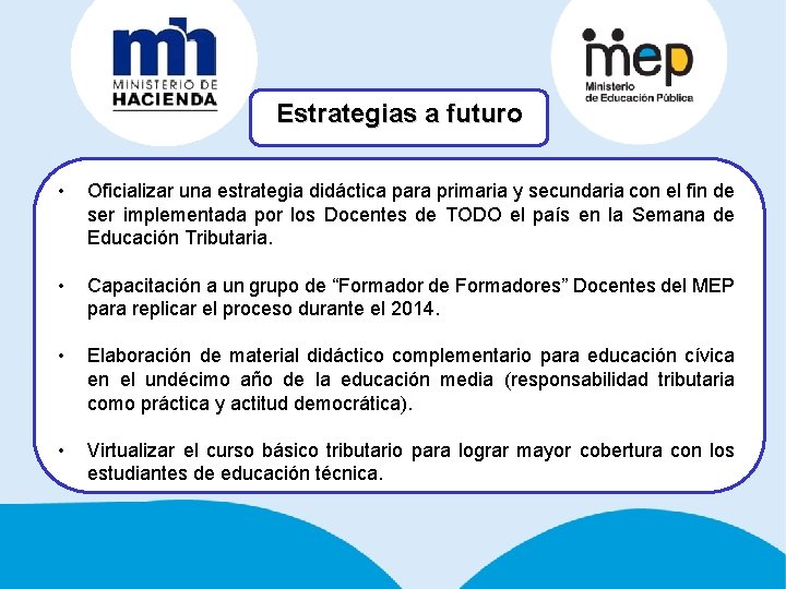 Estrategias a futuro • Oficializar una estrategia didáctica para primaria y secundaria con el