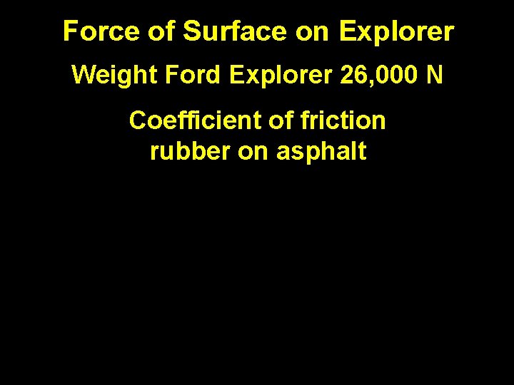 Force of Surface on Explorer Weight Ford Explorer 26, 000 N Coefficient of friction