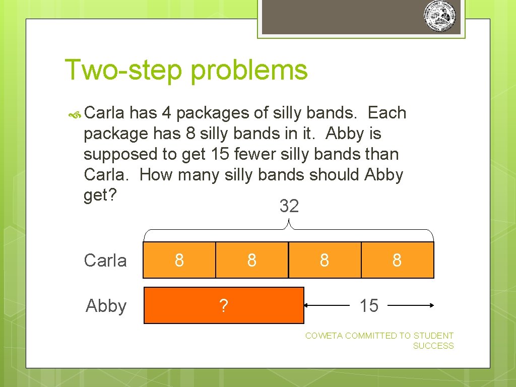 Two-step problems Carla has 4 packages of silly bands. Each package has 8 silly Two-step problems Carla has 4 packages of silly bands. Each package has 8 silly