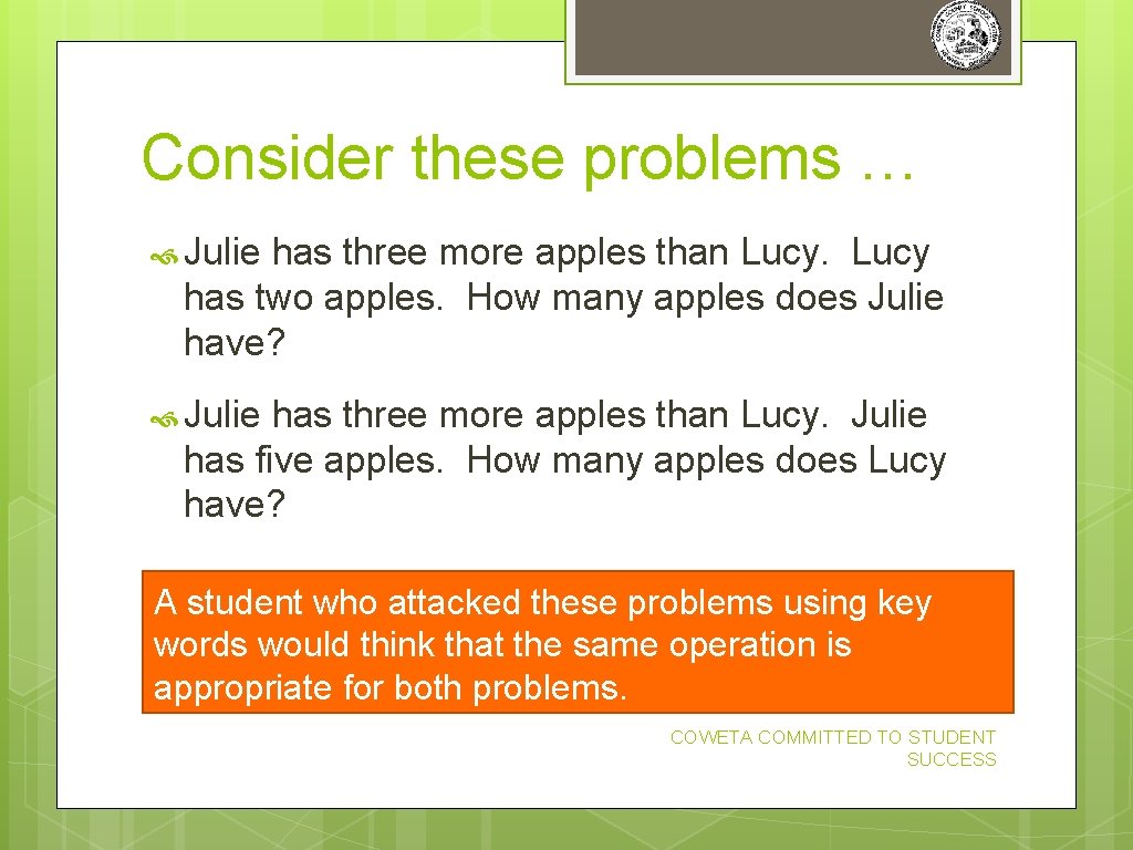 Consider these problems … Julie has three more apples than Lucy has two apples. Consider these problems … Julie has three more apples than Lucy has two apples.