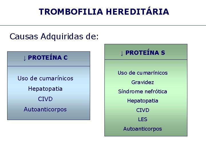 TROMBOFILIA HEREDITÁRIA Causas Adquiridas de: ↓ PROTEÍNA C Uso de cumarínicos ↓ PROTEÍNA S