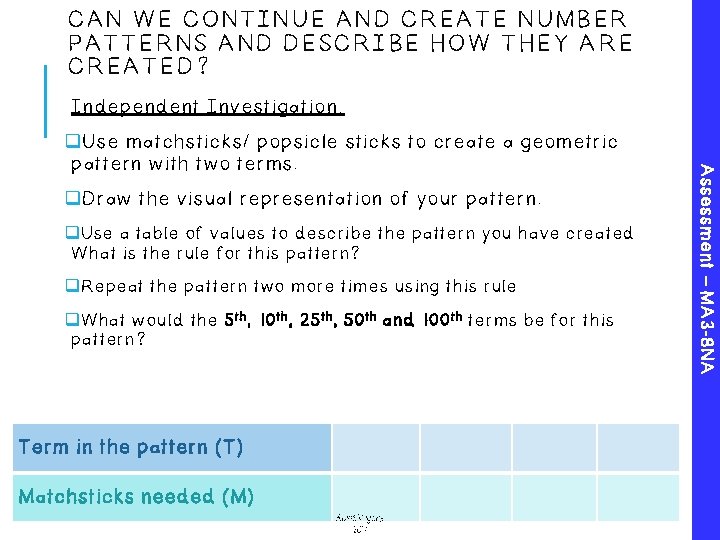CAN WE CONTINUE AND CREATE NUMBER PATTERNS AND DESCRIBE HOW THEY ARE CREATED? Independent