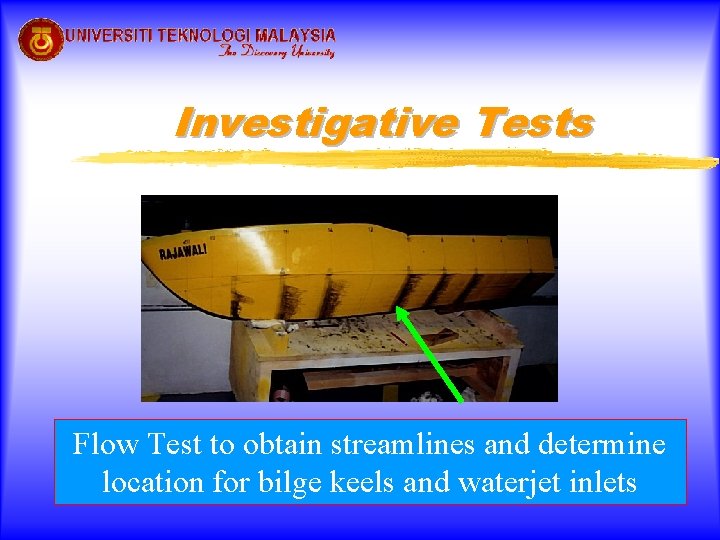 Investigative Tests Flow Test to obtain streamlines and determine location for bilge keels and