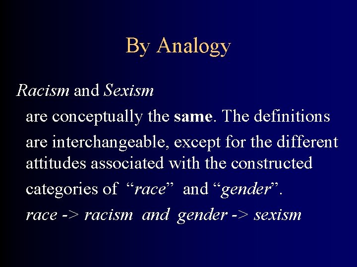 By Analogy Racism and Sexism are conceptually the same. The definitions are interchangeable, except