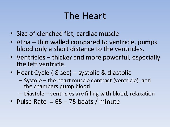 The Heart • Size of clenched fist, cardiac muscle • Atria – thin walled The Heart • Size of clenched fist, cardiac muscle • Atria – thin walled