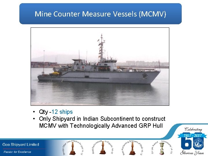 Mine Counter Measure Vessels (MCMV) • Qty -12 ships • Only Shipyard in Indian