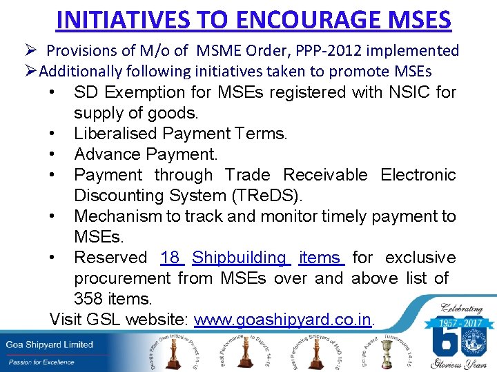INITIATIVES TO ENCOURAGE MSES Ø Provisions of M/o of MSME Order, PPP-2012 implemented ØAdditionally