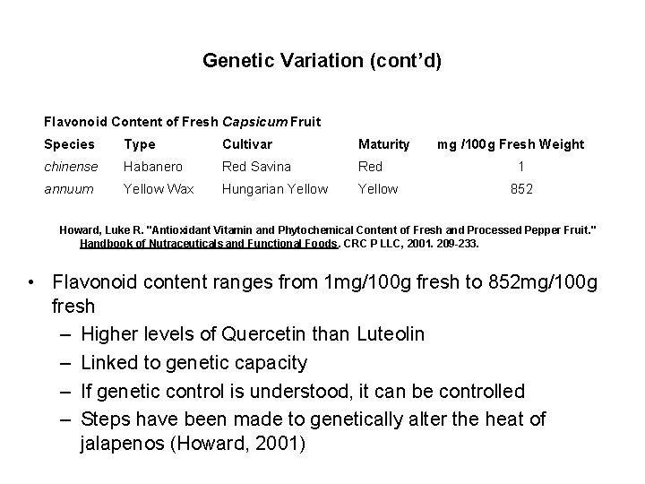 Genetic Variation (cont’d) Flavonoid Content of Fresh Capsicum Fruit Species Type Cultivar Maturity chinense