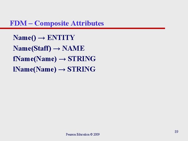 FDM – Composite Attributes Name() → ENTITY Name(Staff) → NAME f. Name(Name) → STRING