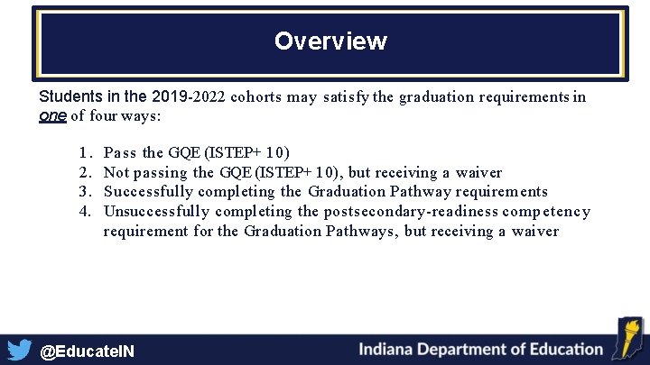 Overview Students in the 2019 -2022 cohorts may satisfy the graduation requirements in one Overview Students in the 2019 -2022 cohorts may satisfy the graduation requirements in one