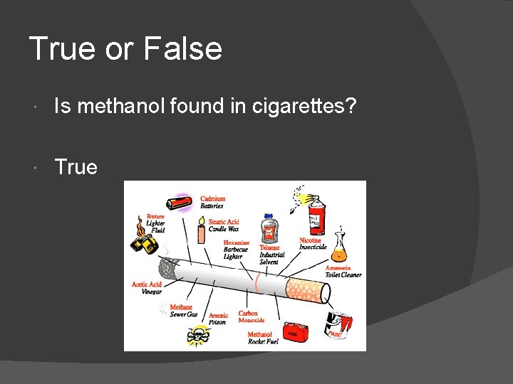 True or False Is methanol found in cigarettes? True 