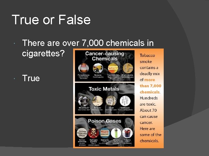 True or False There are over 7, 000 chemicals in cigarettes? True 