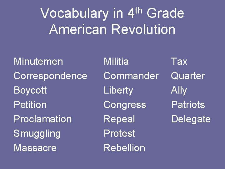 th 4 Vocabulary in Grade American Revolution Minutemen Correspondence Boycott Petition Proclamation Smuggling Massacre