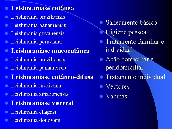 l Leishmaníase cutânea Leishmania braziliensis l Leishmania panamensis l Leishmania guyanensis l Leishmania peruviana