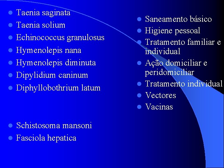 l l l l Taenia saginata Taenia solium Echinococcus granulosus Hymenolepis nana Hymenolepis diminuta