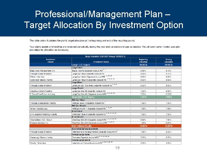 Professional/Management Plan – Target Allocation By Investment Option 19 