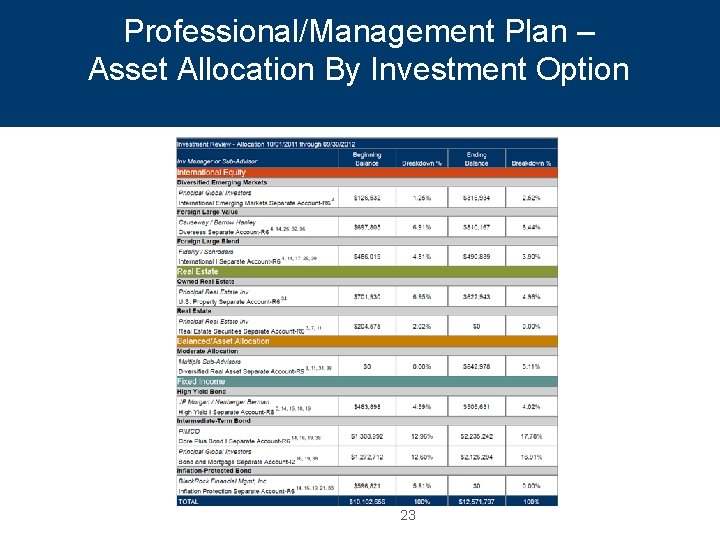 Professional/Management Plan – Asset Allocation By Investment Option 23 