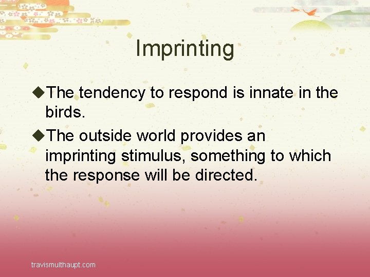 Imprinting u. The tendency to respond is innate in the birds. u. The outside