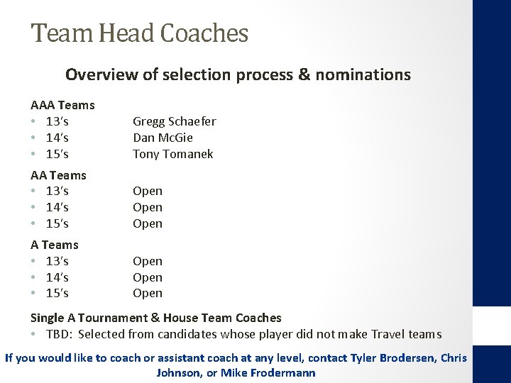 Team Head Coaches Overview of selection process & nominations AAA Teams • 13’s •