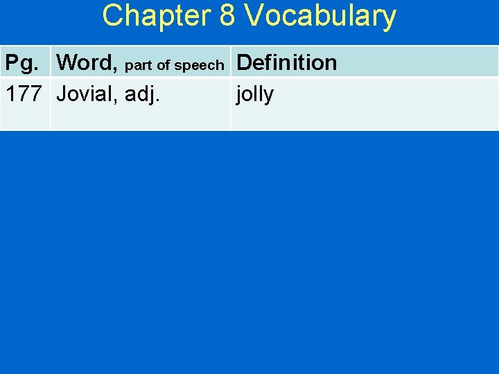 Chapter 8 Vocabulary Pg. Word, part of speech Definition 177 Jovial, adj. jolly 