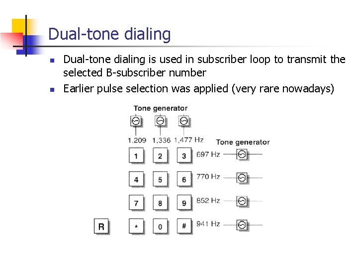 Dual-tone dialing n n Dual-tone dialing is used in subscriber loop to transmit the