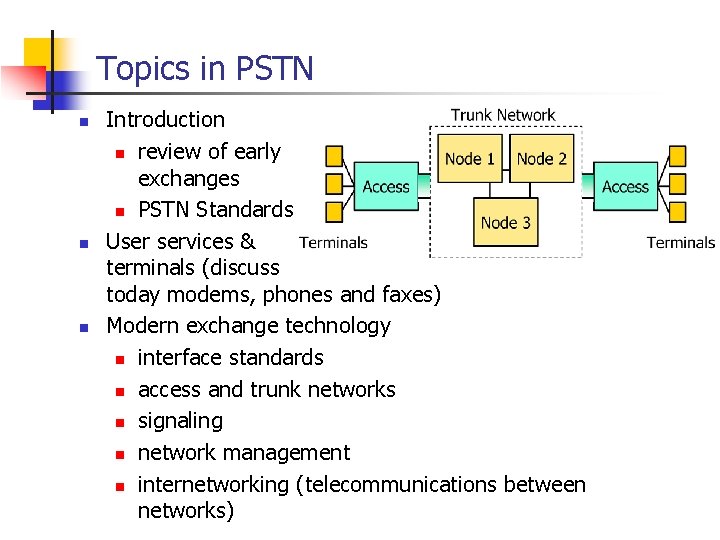 Topics in PSTN n n n Introduction n review of early exchanges n PSTN