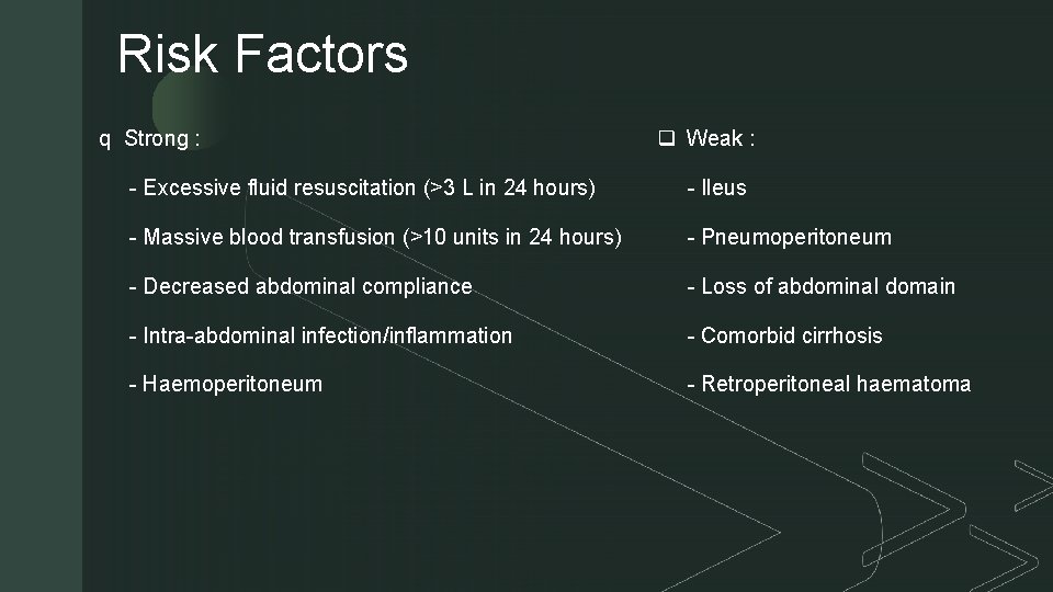 Risk Factors z q Strong : q Weak : - Excessive fluid resuscitation (>3