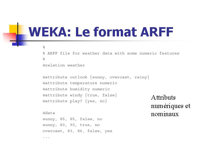 WEKA: Le format ARFF Attributs numériques et nominaux 