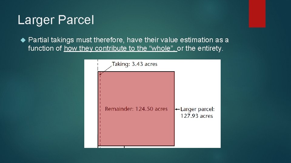 Larger Parcel Partial takings must therefore, have their value estimation as a function of