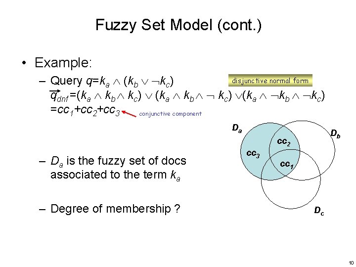 Fuzzy Set Model (cont. ) • Example: disjunctive normal form – Query q=ka (kb