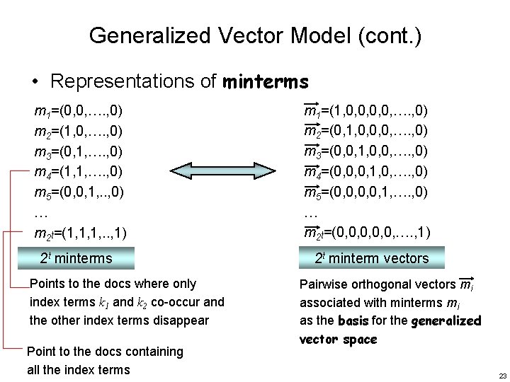 Generalized Vector Model (cont. ) • Representations of minterms m 1=(0, 0, …. ,