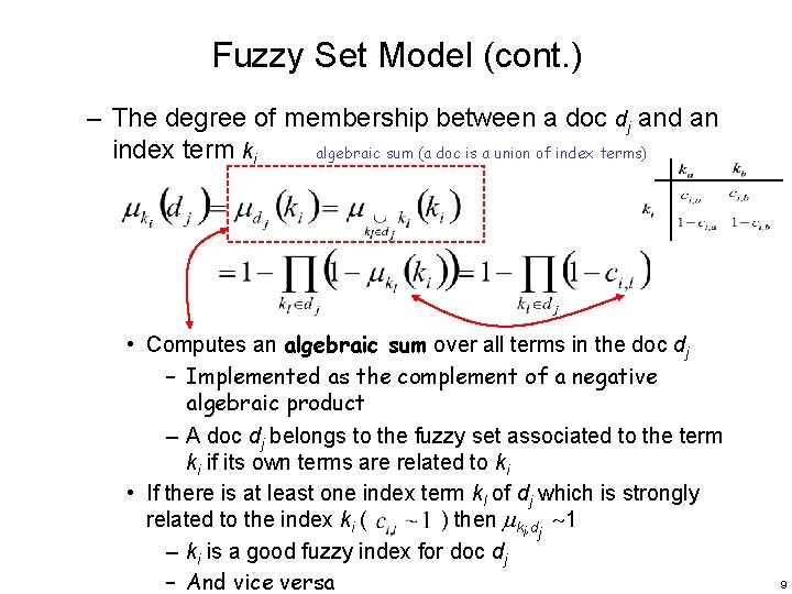 Fuzzy Set Model (cont. ) – The degree of membership between a doc dj
