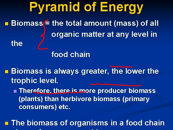Pyramid of Energy n Biomass = the total amount (mass) of all organic matter