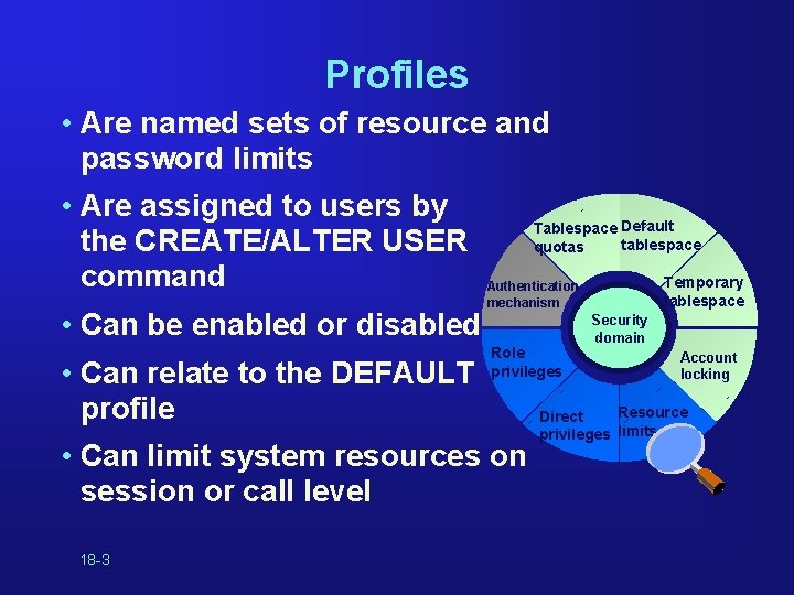 Profiles • Are named sets of resource and password limits • Are assigned to