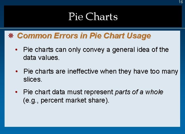 16 Pie Charts ¯ Common Errors in Pie Chart Usage • Pie charts can