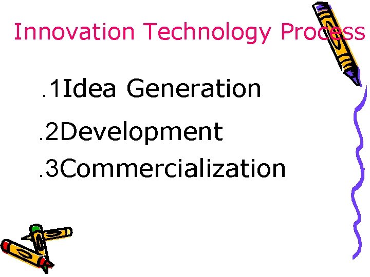 Innovation Technology Process . 1 Idea Generation. 2 Development. 3 Commercialization 