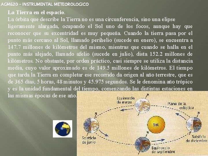 AGM 620 – INSTRUMENTAL METEOROLOGICO La Tierra en el espacio. La órbita que describe