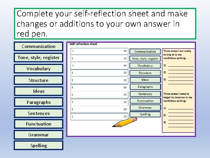 Complete your self-reflection sheet and make changes or additions to your own answer in