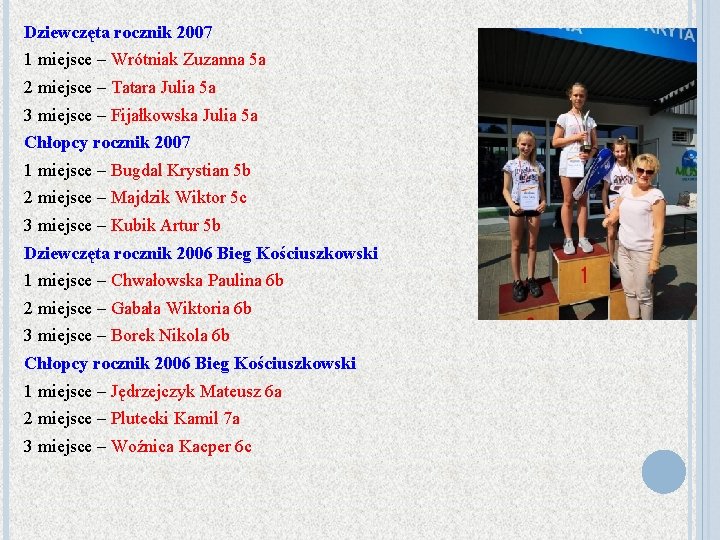 Dziewczęta rocznik 2007 1 miejsce – Wrótniak Zuzanna 5 a 2 miejsce – Tatara