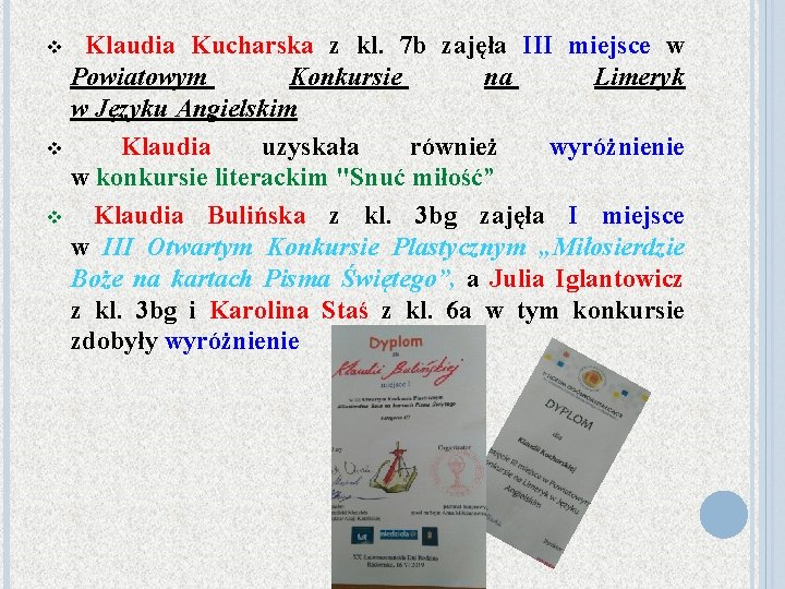 Klaudia Kucharska z kl. 7 b zajęła III miejsce w Powiatowym Konkursie na Limeryk