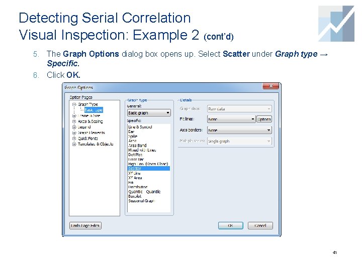 Detecting Serial Correlation Visual Inspection: Example 2 (cont’d) 5. The Graph Options dialog box