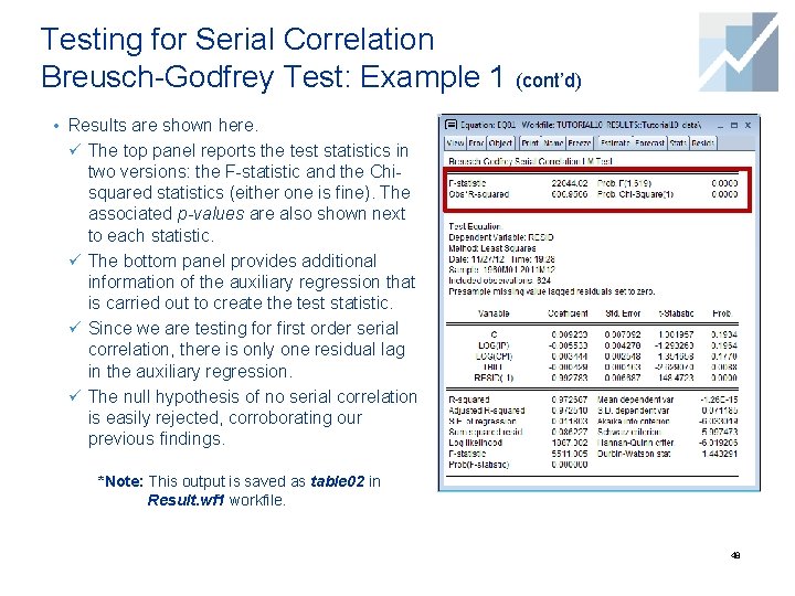 Testing for Serial Correlation Breusch-Godfrey Test: Example 1 (cont’d) • Results are shown here.