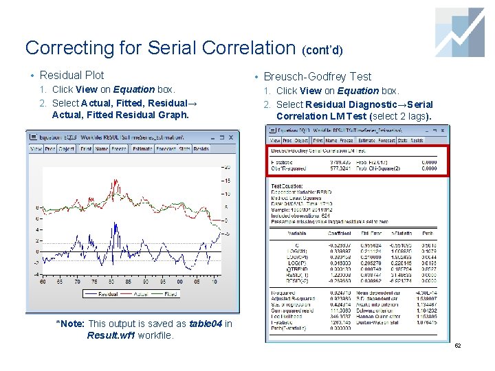 Correcting for Serial Correlation (cont’d) • Residual Plot • Breusch-Godfrey Test 1. Click View