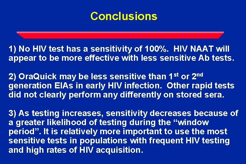 Conclusions 1) No HIV test has a sensitivity of 100%. HIV NAAT will appear